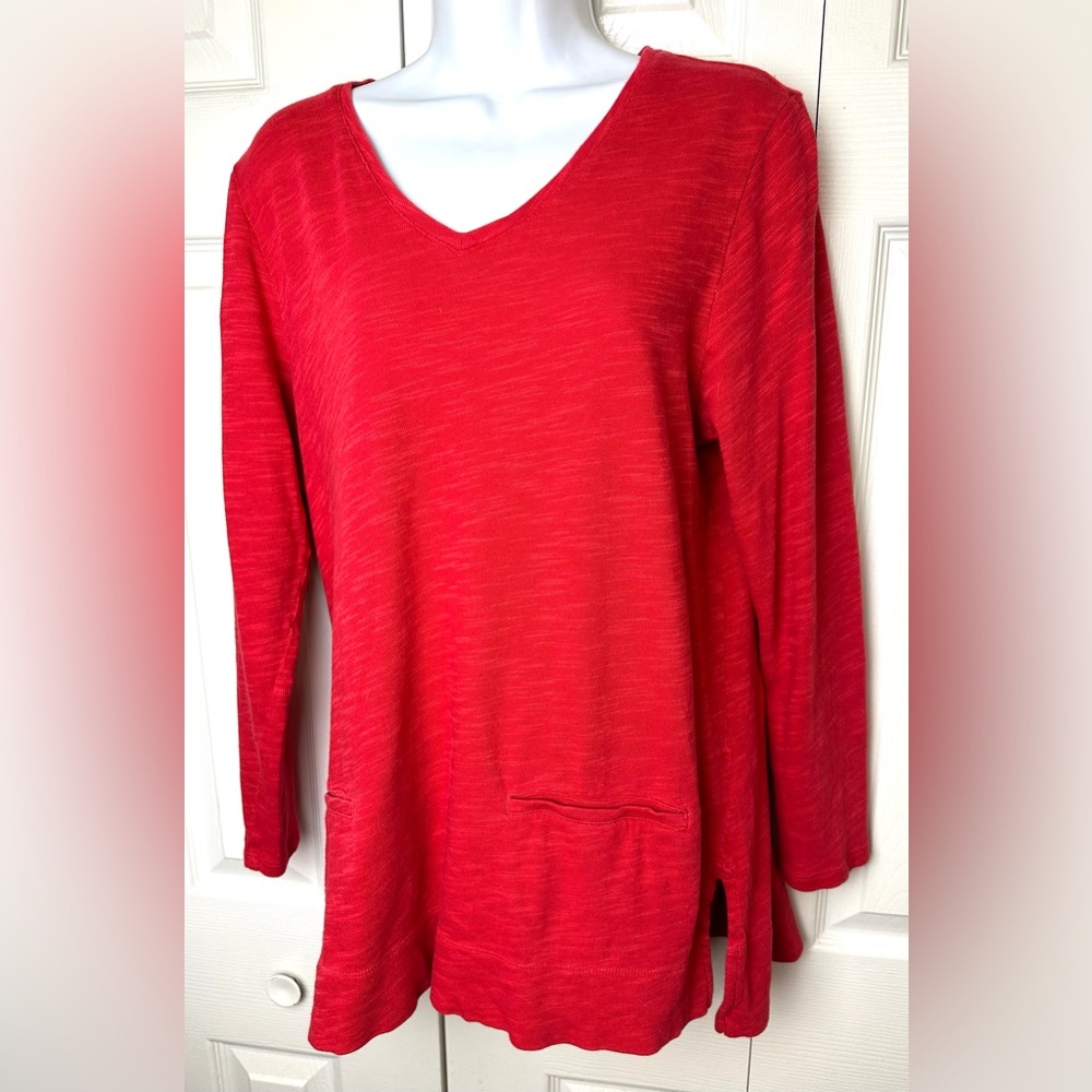 New J. JILL Perfect Red Slub Knit Tunic Top Shirt Blouse Cotton Vneck Pockets